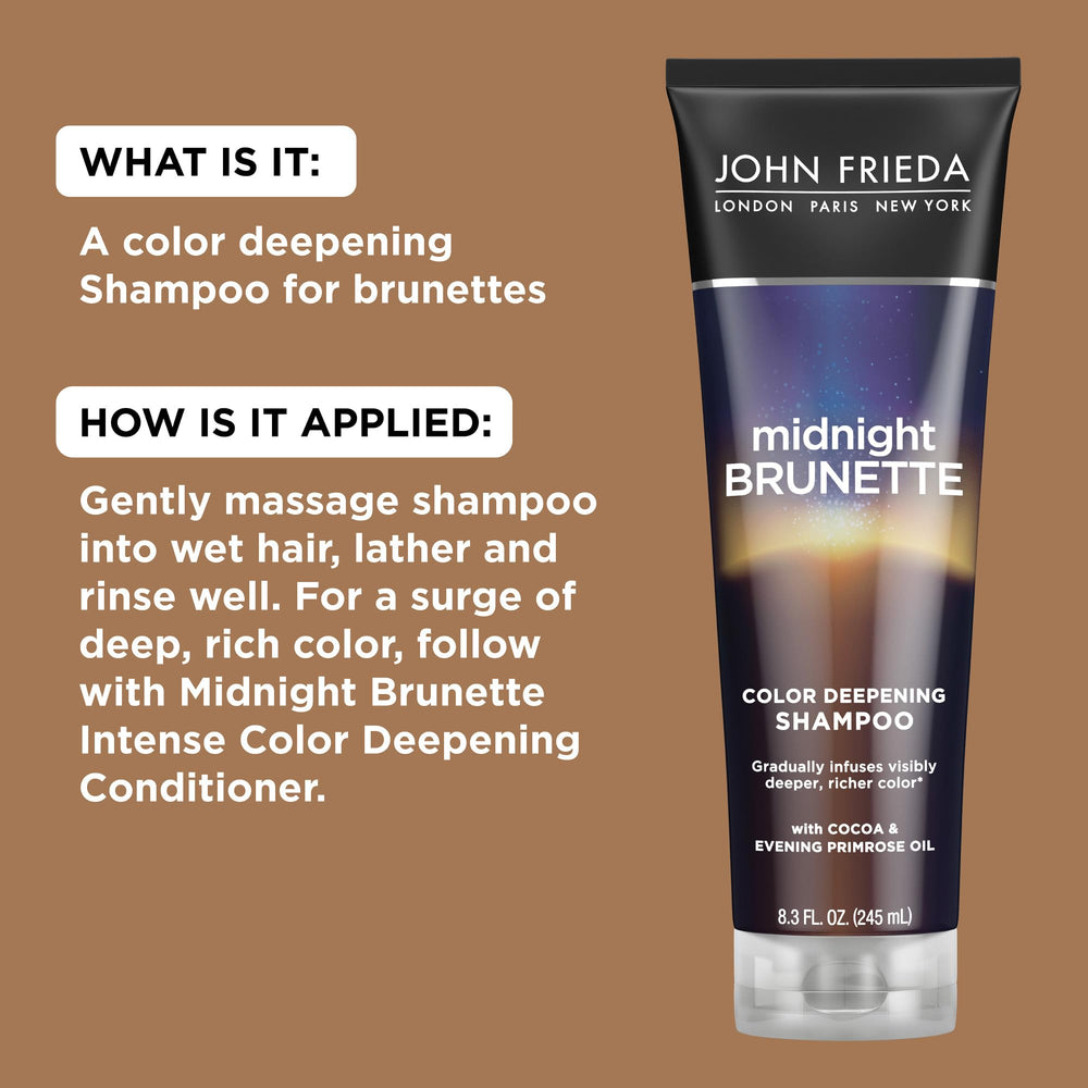 John Frieda Midnight Brunette cocoa oil close-up suggests indulgent color depth.