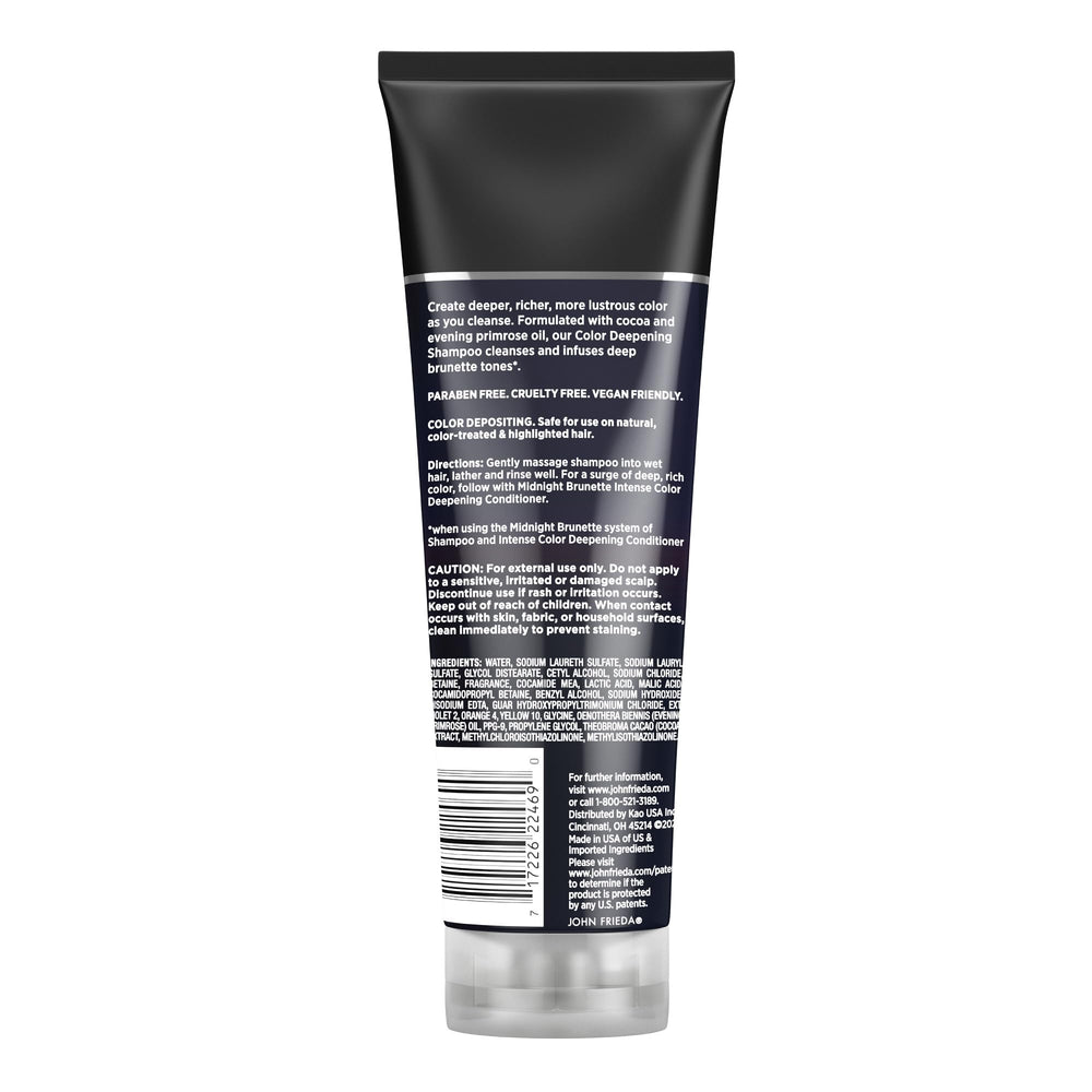 John Frieda Midnight Brunette hair shine shot implies lustrous brunette.