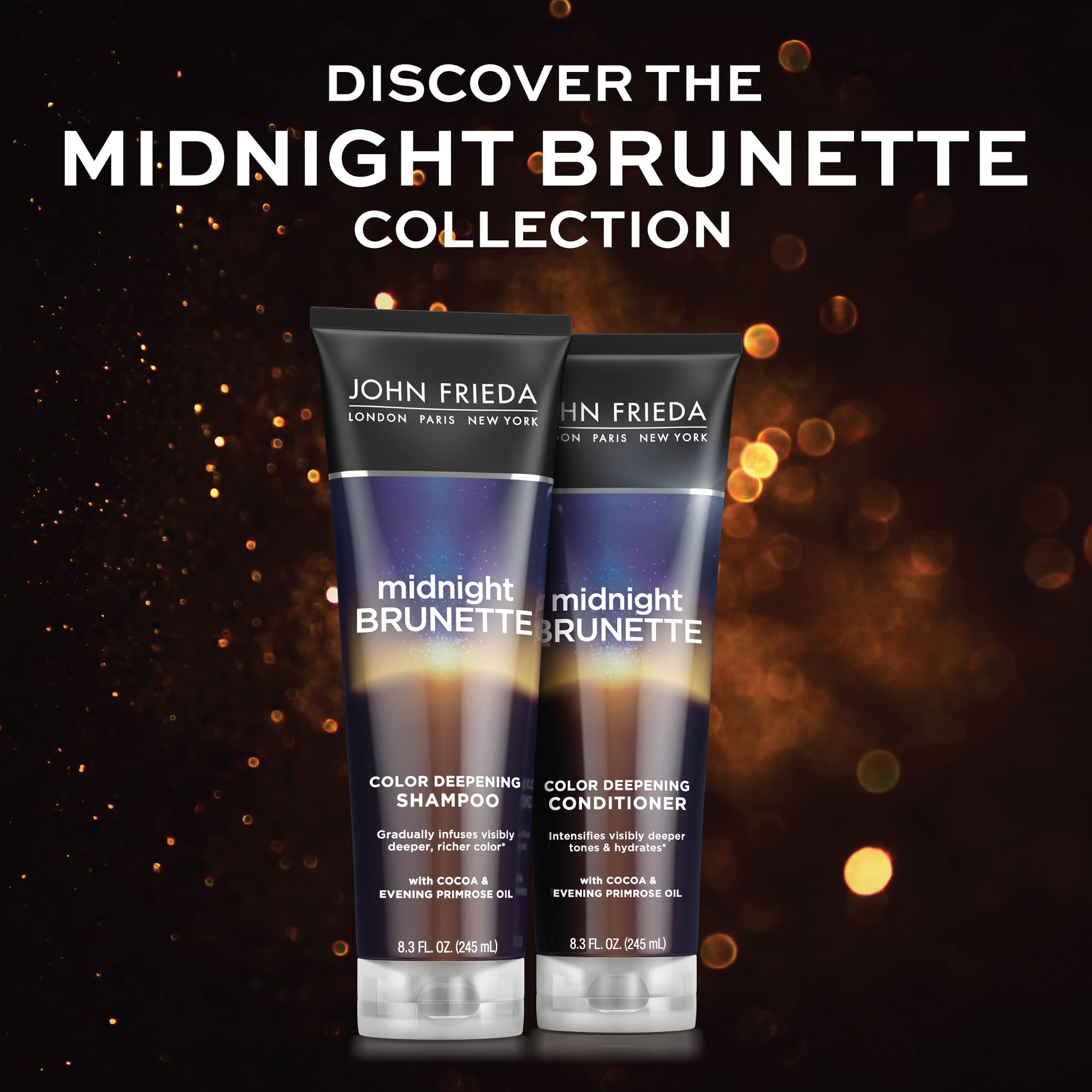 John Frieda Midnight Brunette shampoo close-up emphasizes cocoa and primrose oil.