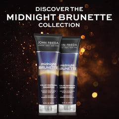 John Frieda Midnight Brunette shampoo close-up emphasizes cocoa and primrose oil.