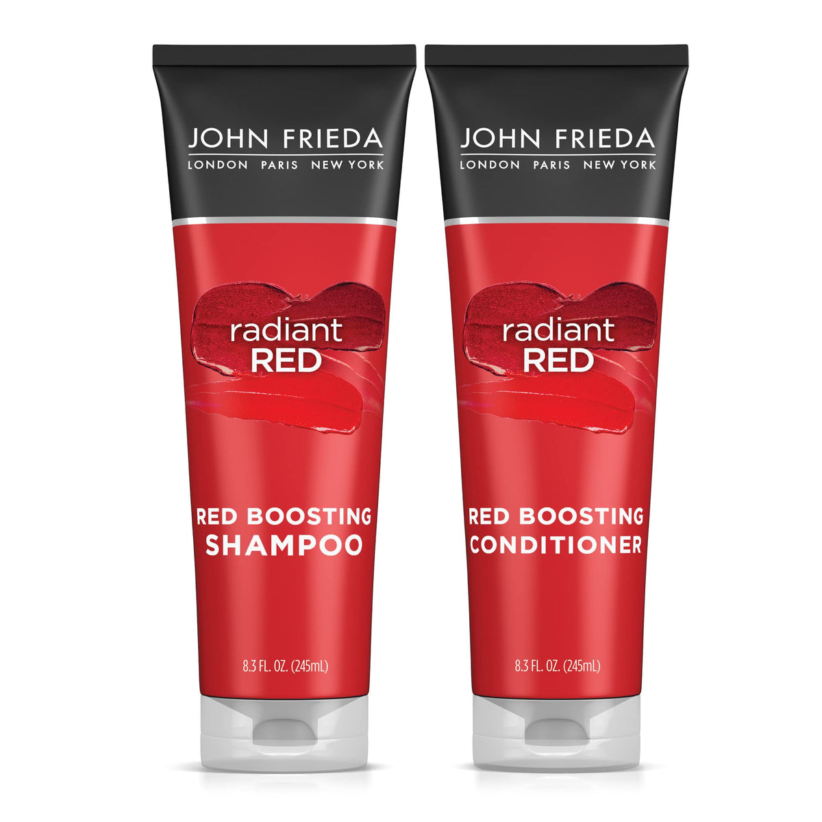 John Frieda Radiant Red shampoo bottle closeup showing color protection