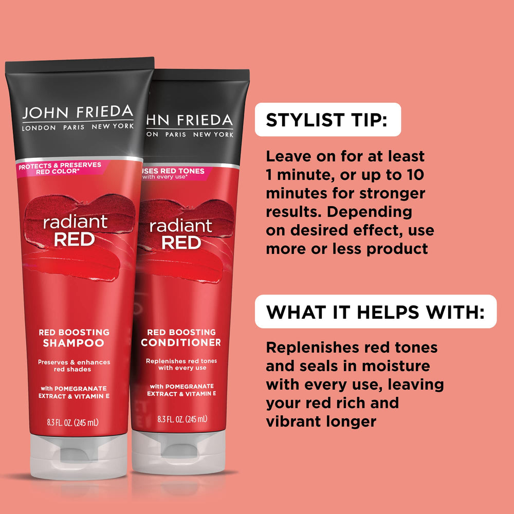 John Frieda Radiant Red shampoo label detail highlights pomegranate and Vitamin E