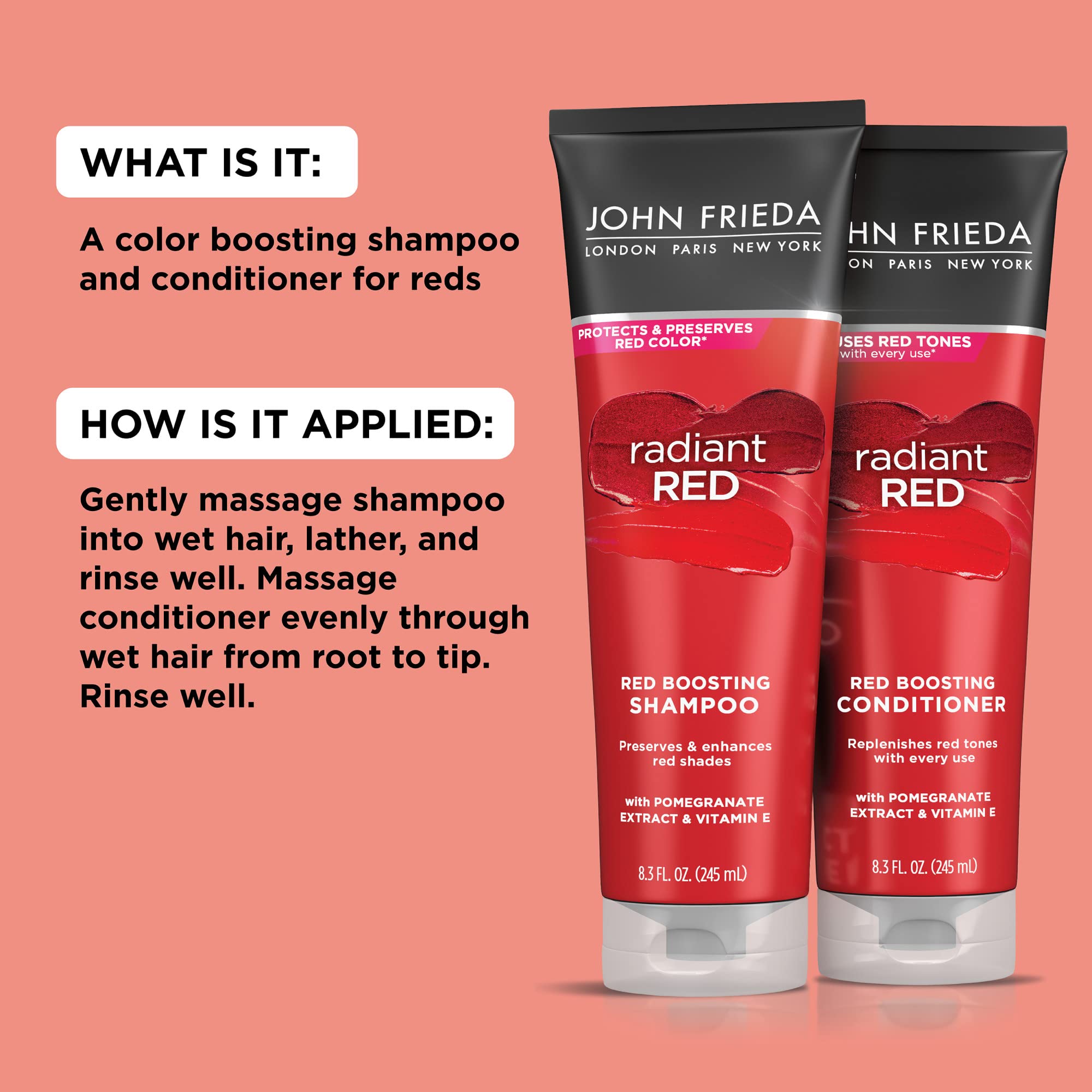John Frieda Radiant Red hair shine shot shows amplified gloss