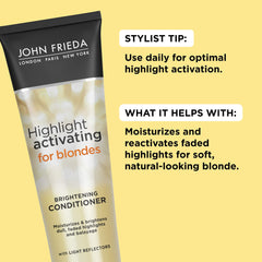 John Frieda conditioner close-up showing shiny blonde strands
