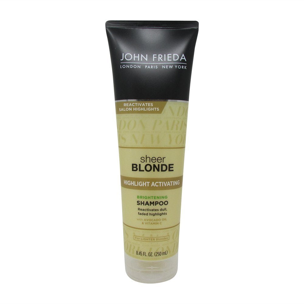 John Frieda Sheer Blonde Highlight Activating Shampoo bottle pour for effortless highlight maintenance