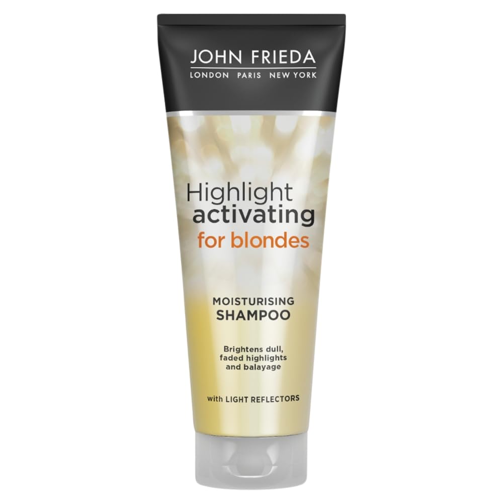 John Frieda Sheer Blonde bottle close-up with color-safe highlight activating formula for darker blondes.