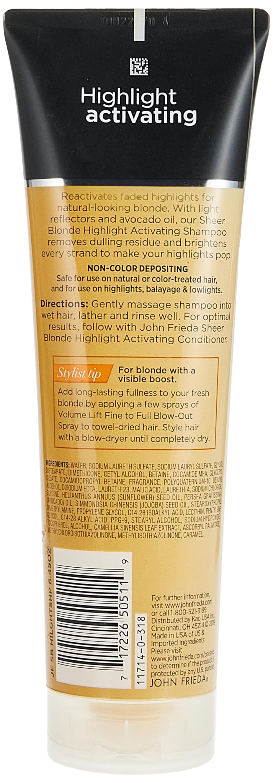 John Frieda Sheer Blonde Highlight Activating Shampoo being poured supports brightening action for cooler tones
