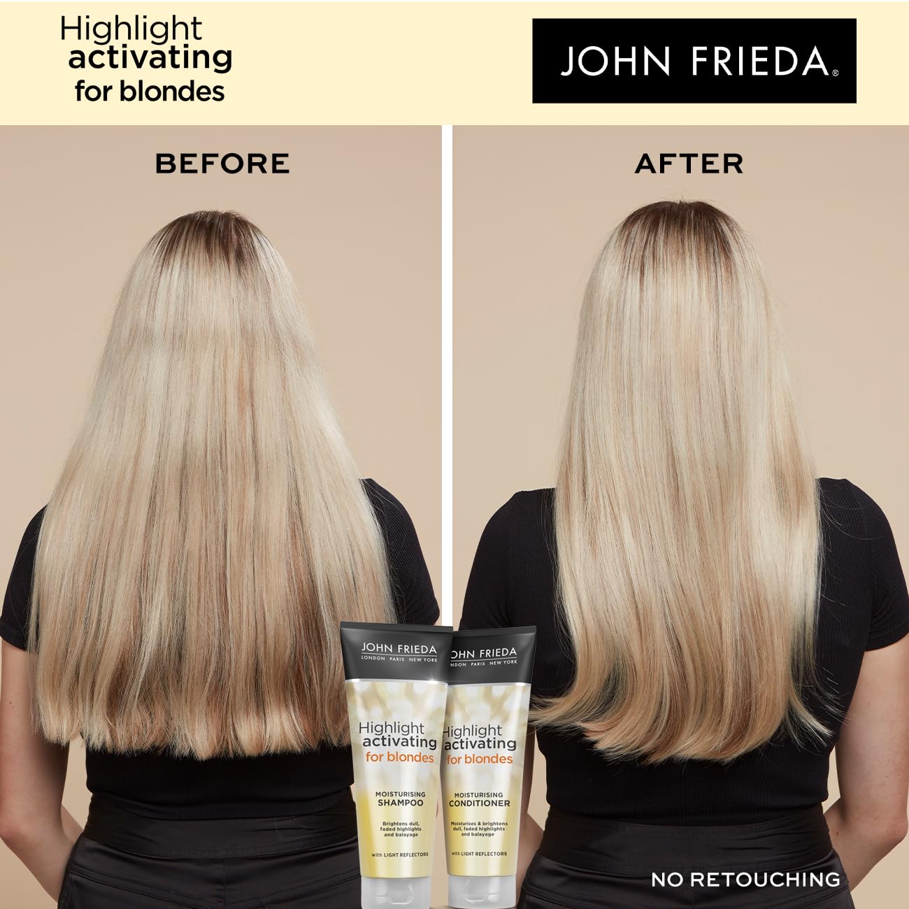 John Frieda Sheer Blonde ingredients graphic highlights jojoba oil, honey, and oatmeal benefits.