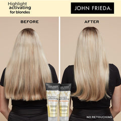John Frieda Sheer Blonde ingredients graphic highlights jojoba oil, honey, and oatmeal benefits.