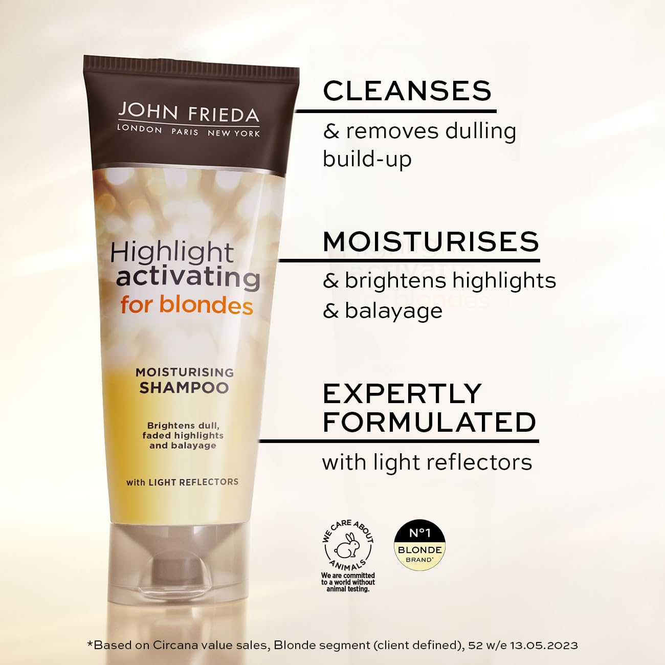 John Frieda Sheer Blonde shampoo lather image demonstrating gentle cleansing for dulling buildup.
