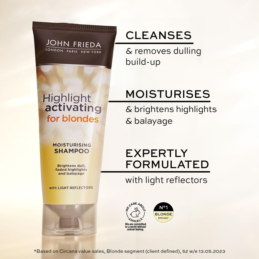 John Frieda Sheer Blonde shampoo lather image demonstrating gentle cleansing for dulling buildup.