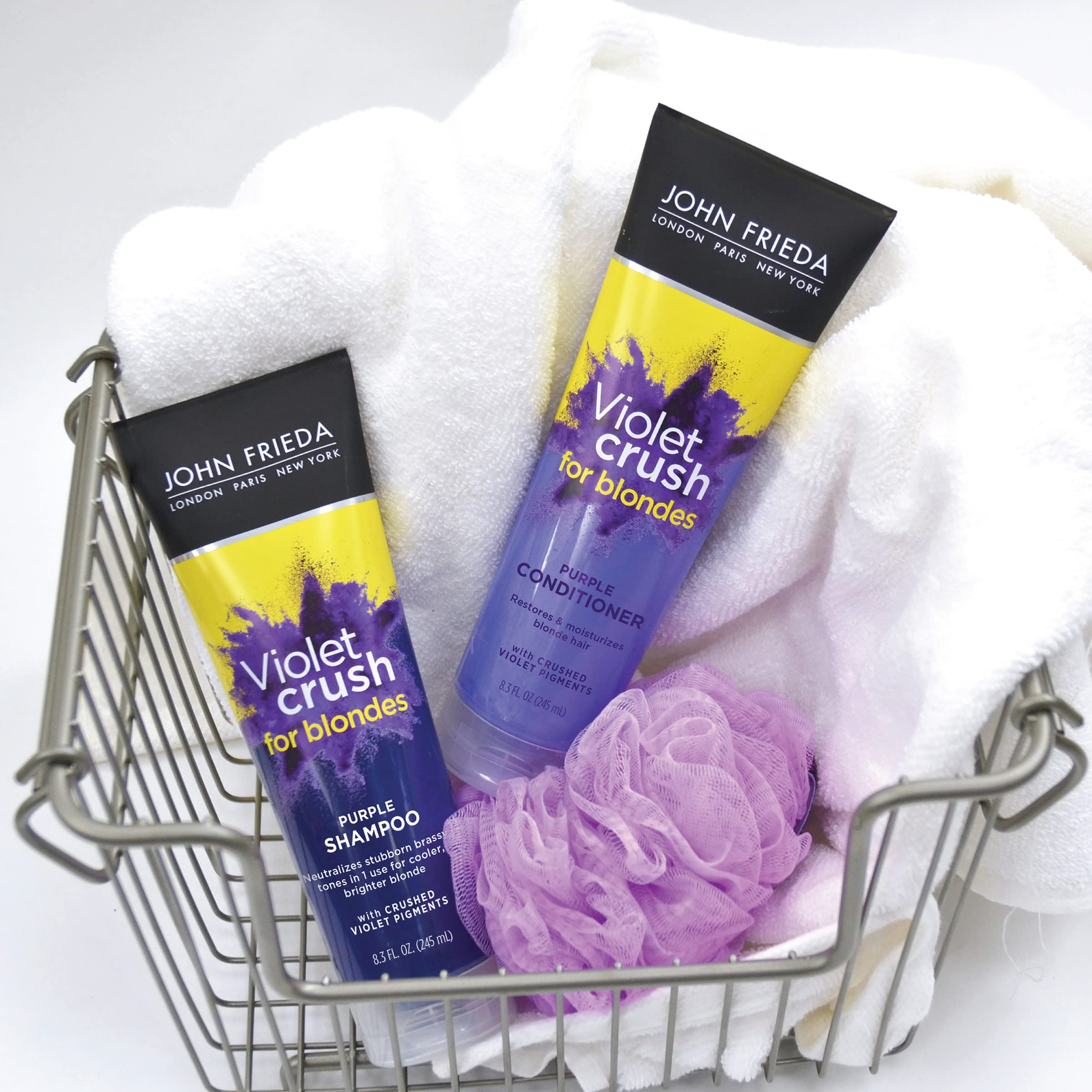 John Frieda Violet Crush before-after showing cooler blonde tones