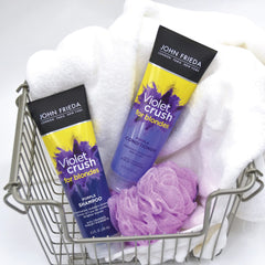 John Frieda Violet Crush before-after showing cooler blonde tones