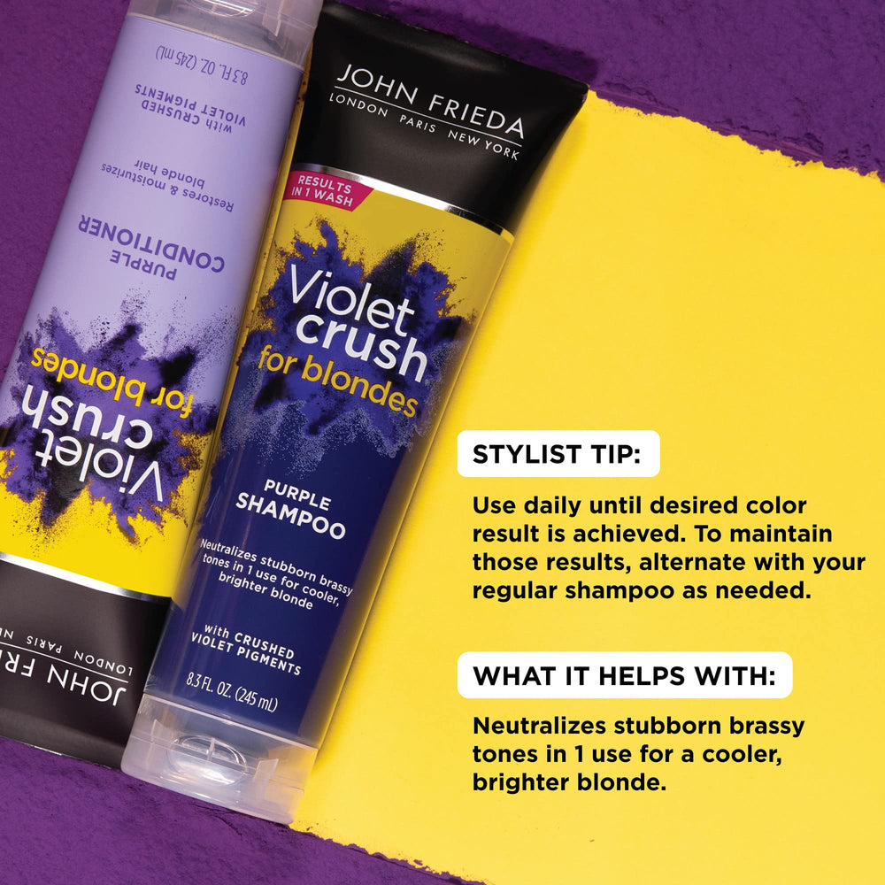 John Frieda Violet Crush conditioner bottle pouring for cooler blondes
