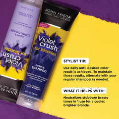 John Frieda Violet Crush conditioner bottle pouring for cooler blondes