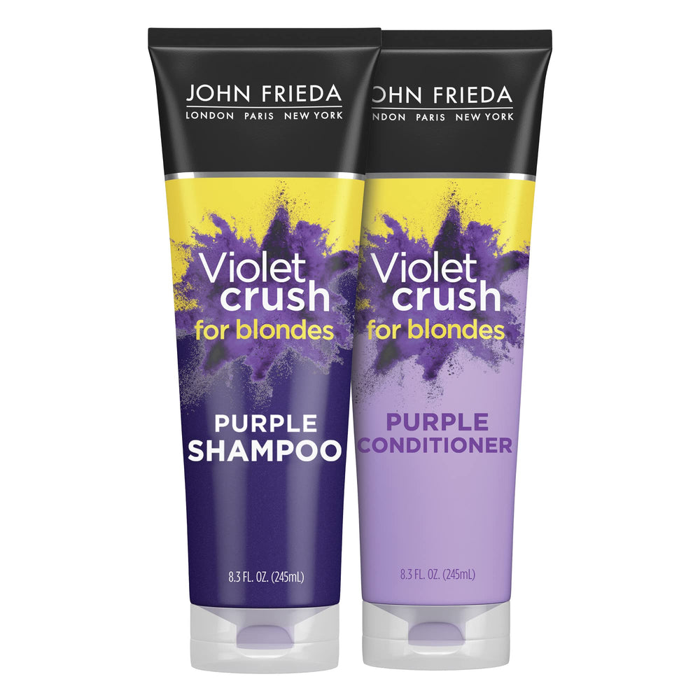 John Frieda Violet Crush shampoo bottle pouring with brassiness reduction