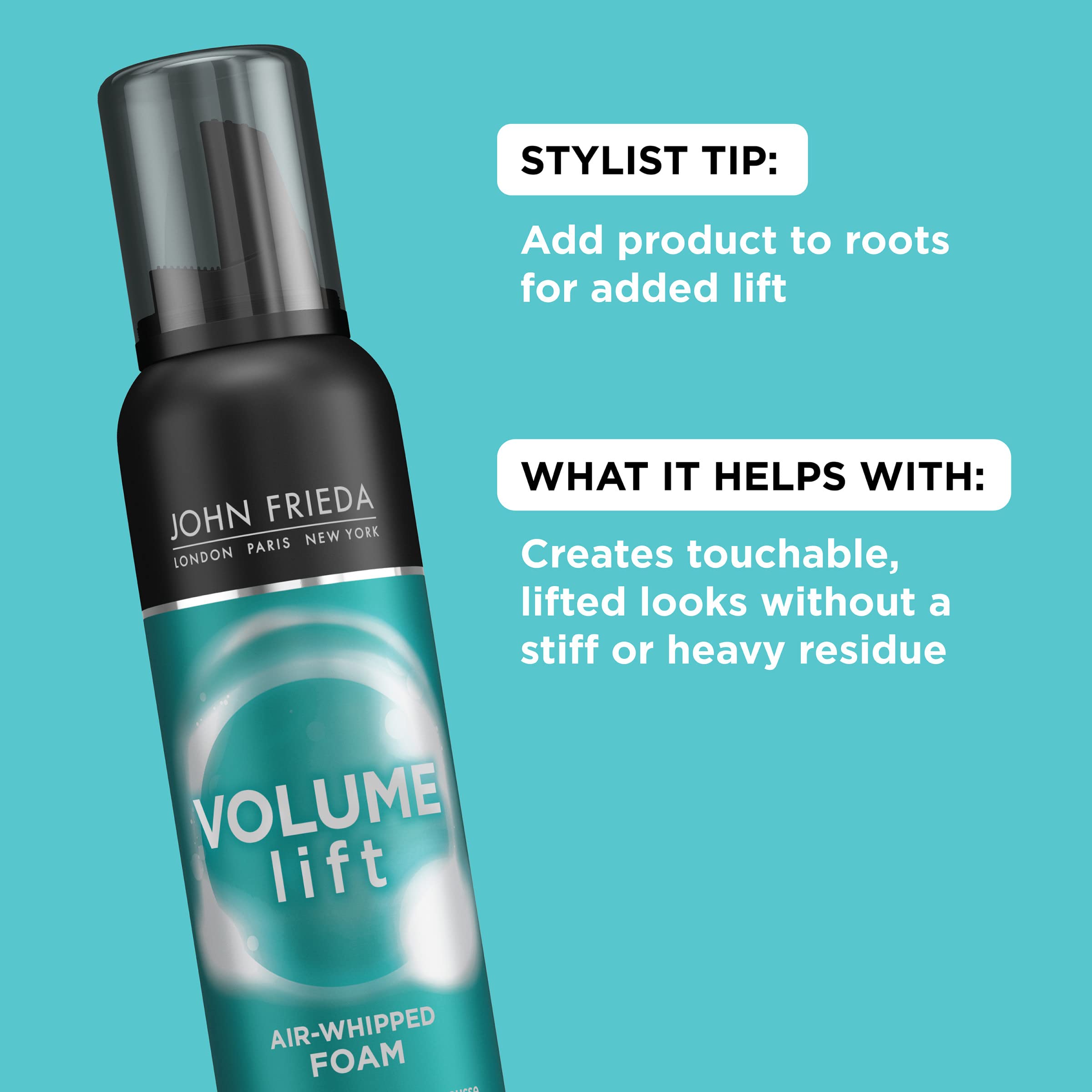 Application demo of John Frieda Volume Lift Foam showing easy foaming on damp hair.