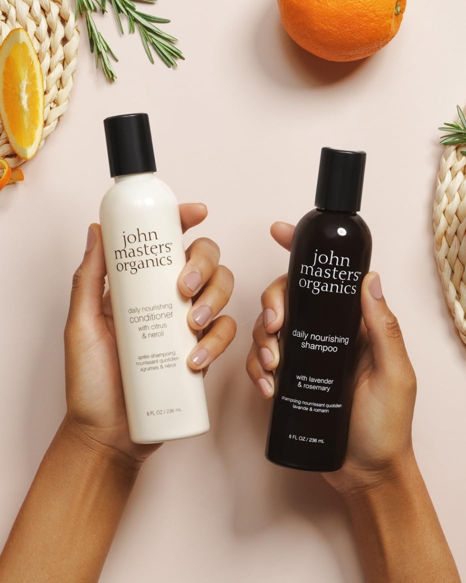John Masters Organics Daily Nourishing Shampoo organic ingredients label highlights lavender and rosemary benefits
