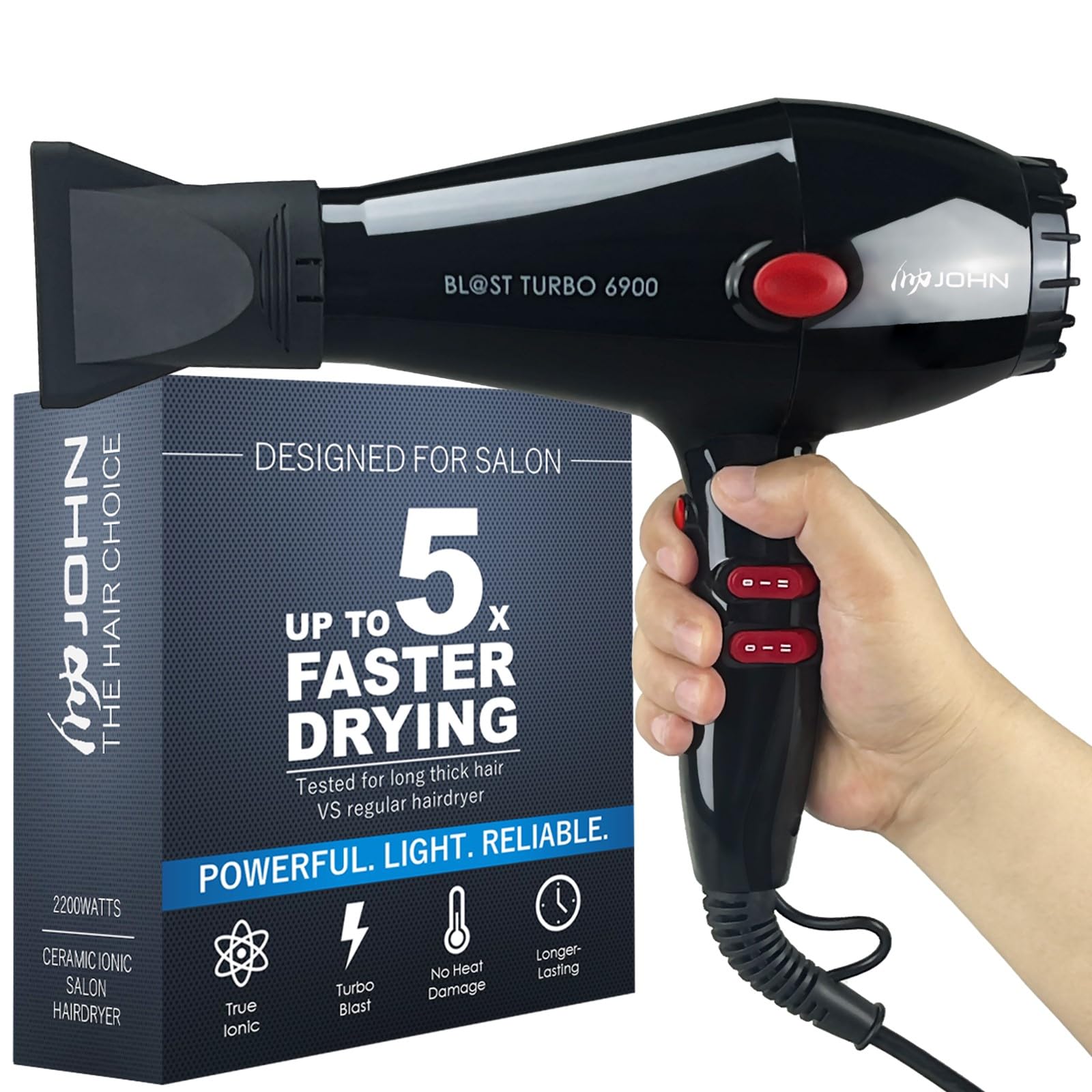 John Super Fast Drying Hair Dryer front view with sleek black design for quick styling