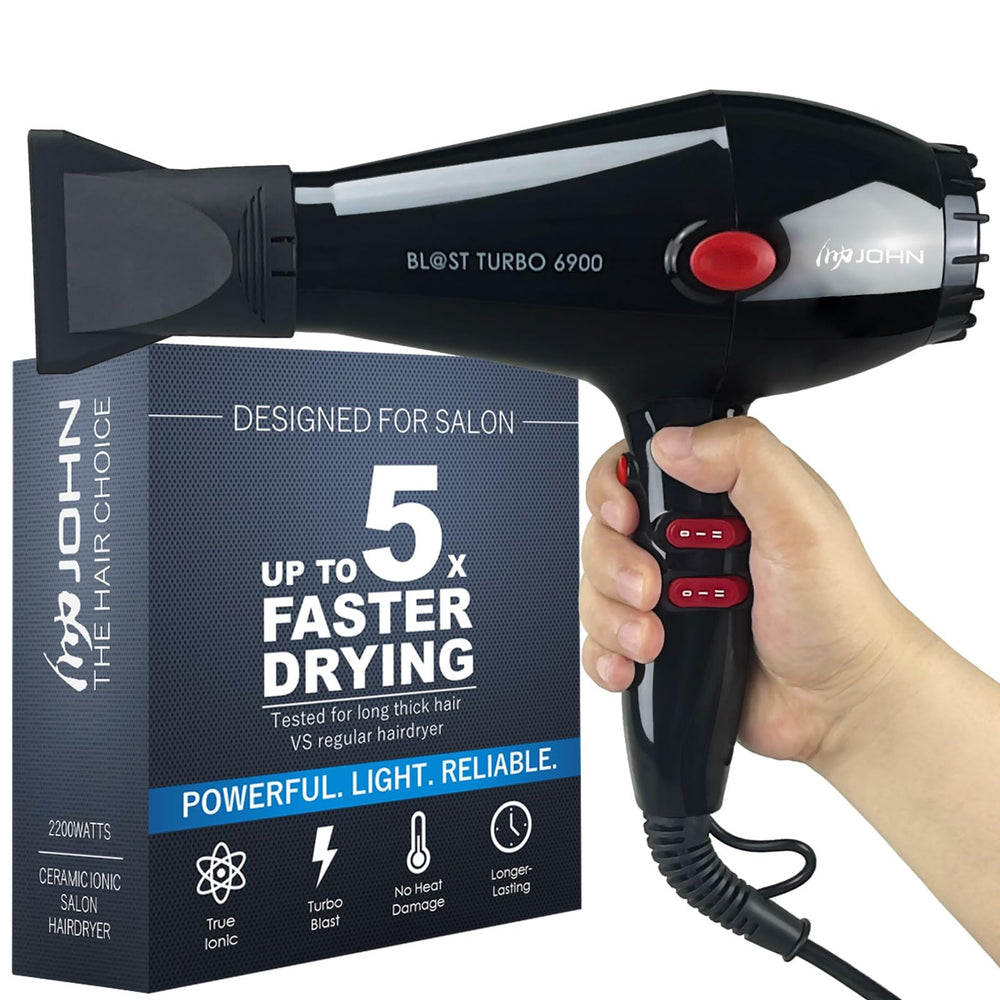 John Super Fast Drying Hair Dryer front view with sleek black design for quick styling