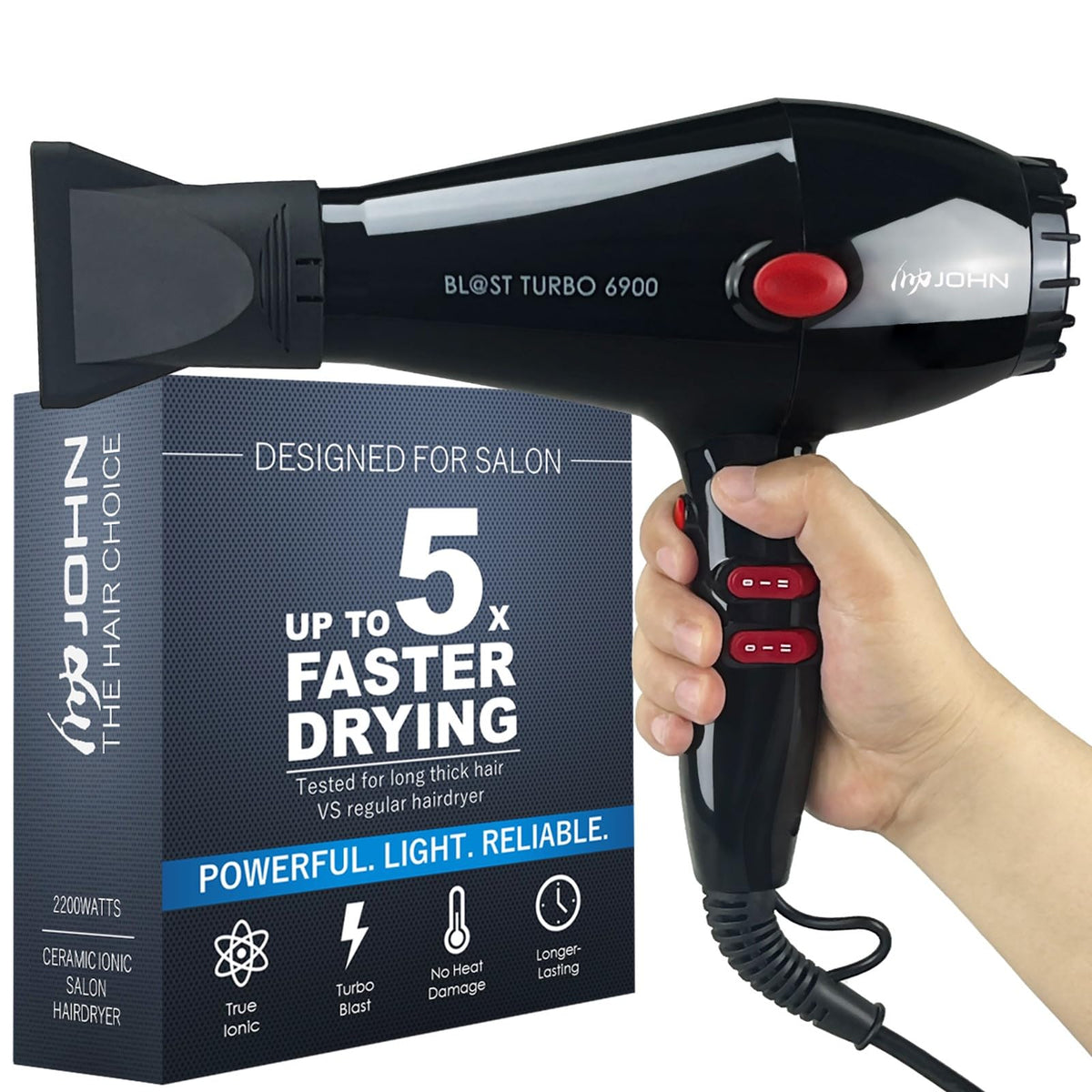John Super Fast Drying Hair Dryer front view with sleek black design for quick styling