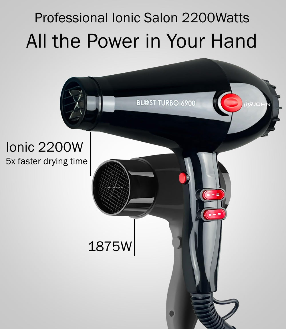 John Super Fast Drying Hair Dryer two-nozzle setup illustrating versatile airflow for styling