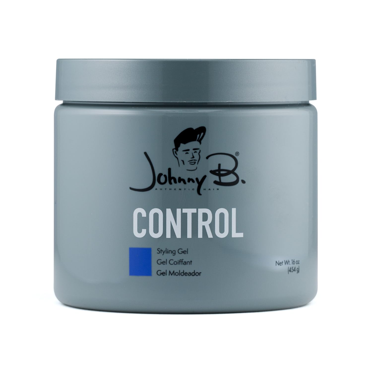 Johnny B. Control gel bottle shows alcohol-free formula for strong hold.