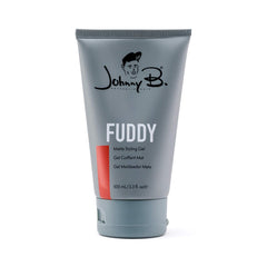 Johnny B. Fuddy strong matte gel bottle front showing matte hold