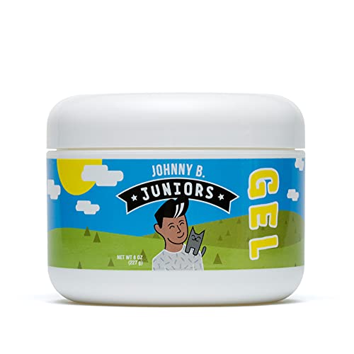Johnny B. Juniors hair gel 8oz jar closeup shows no-flake formula for daily kid styling.