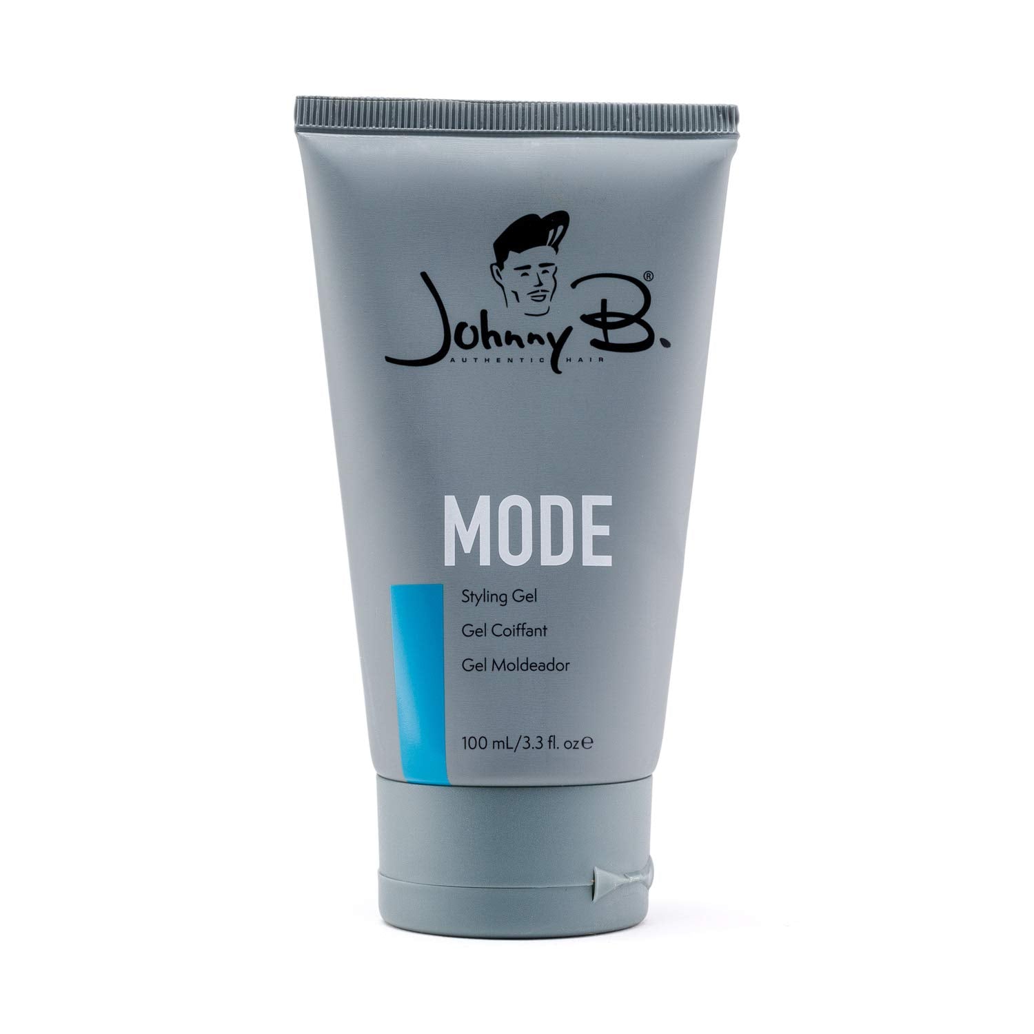 Johnny B. Mode Pro hair gel bottle shows strong hold for controlled styling.