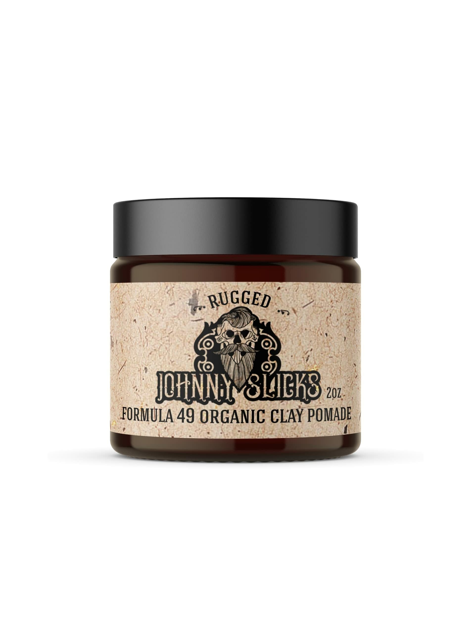 Johnny Slicks Formula 49 clay pomade bottle closeup showing firm hold and matte finish