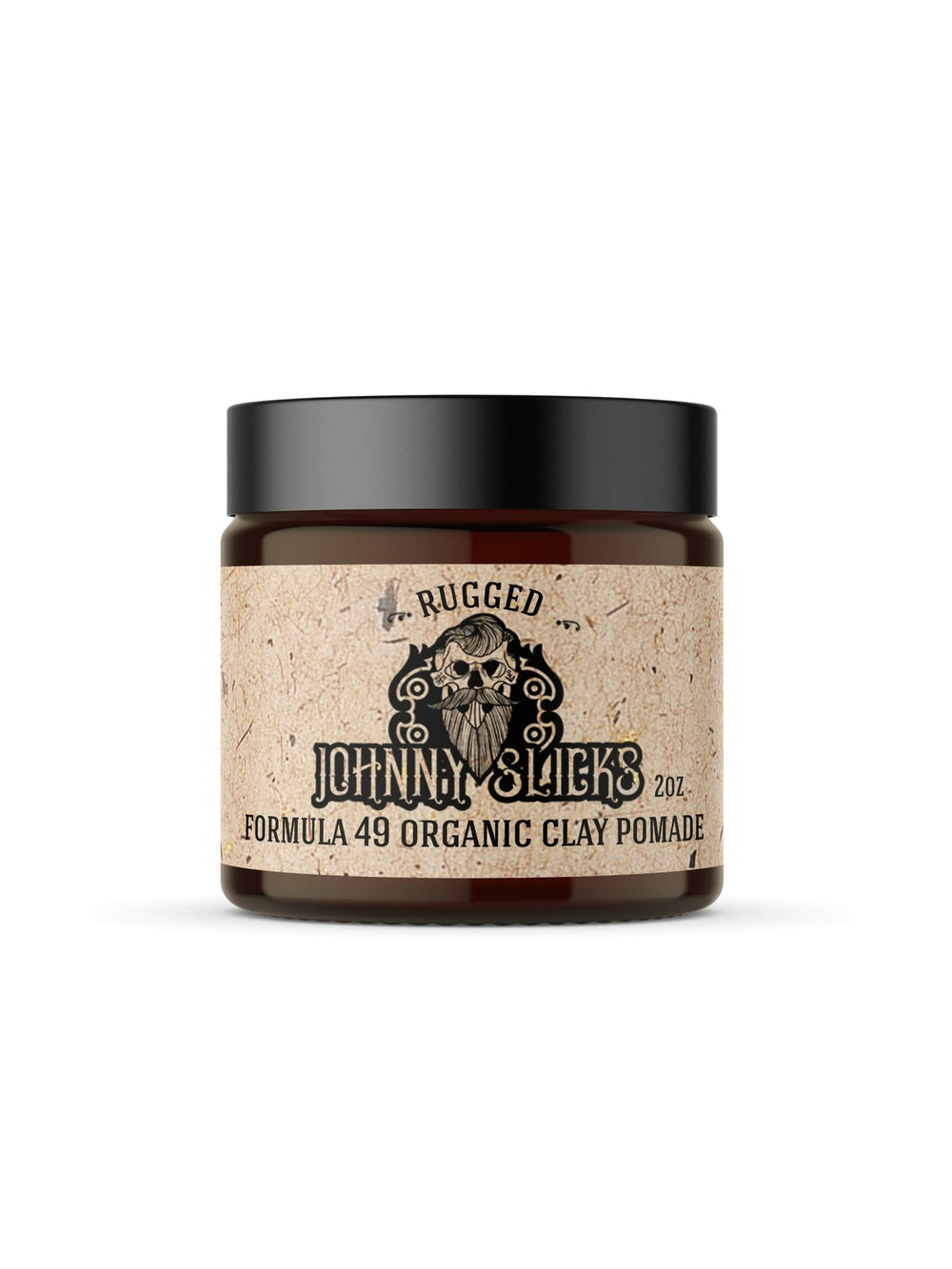 Johnny Slicks Formula 49 clay pomade bottle closeup showing firm hold and matte finish