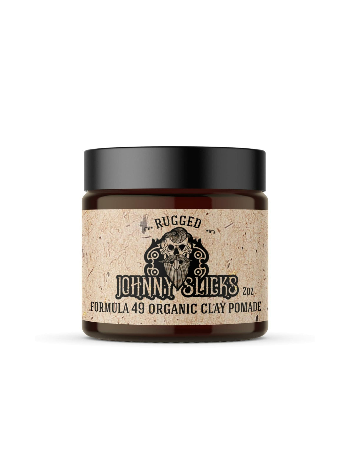 Johnny Slicks Formula 49 clay pomade bottle closeup showing firm hold and matte finish