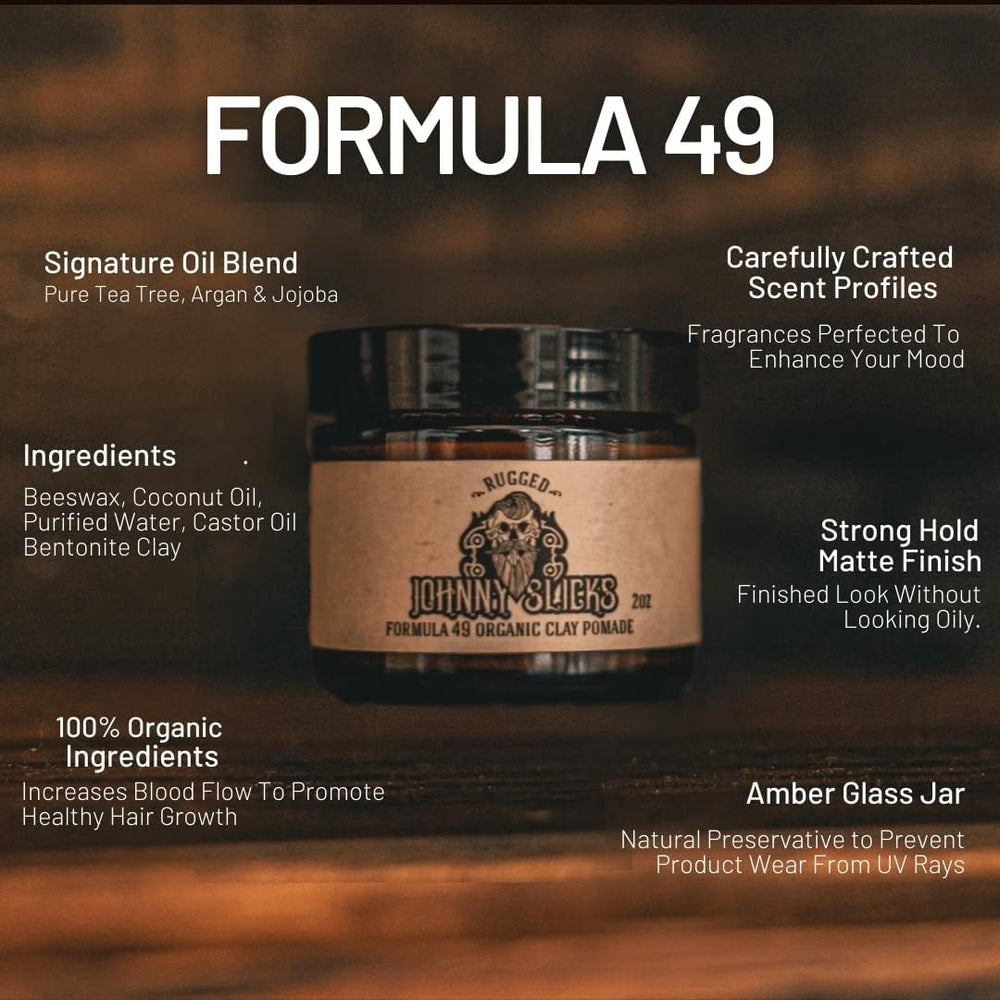 Johnny Slicks Formula 49 packaging shot highlighting organic ingredients for clean styling