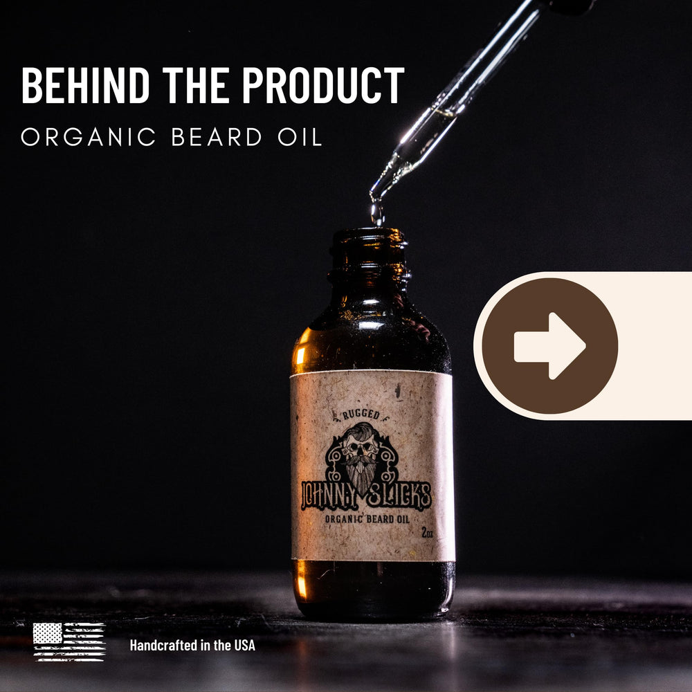Johnny Slicks Organic Beard Oil label closeup highlighting natural ingredients for healthy skin