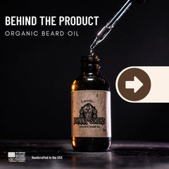 Johnny Slicks Organic Beard Oil label closeup highlighting natural ingredients for healthy skin