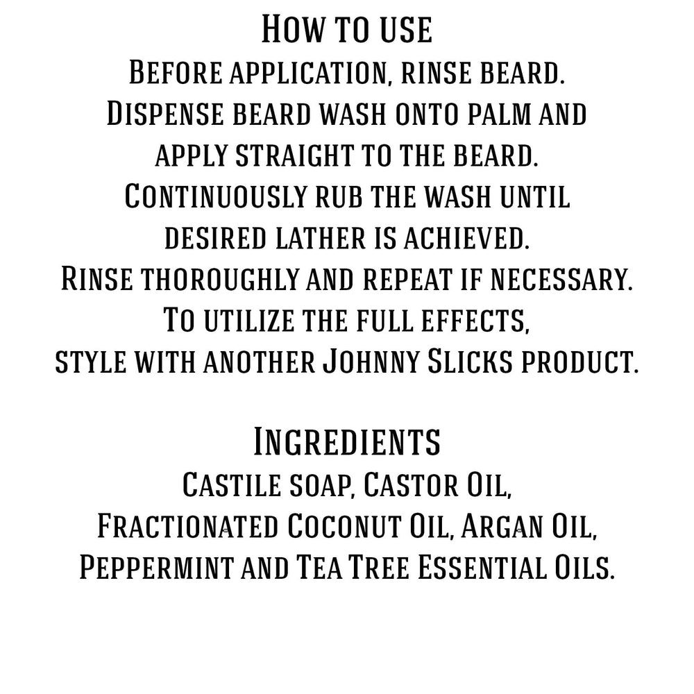 Johnny Slicks Organic Hand Whipped Beard Wash bottle shows tea tree and peppermint oils for refreshing cleanse.
