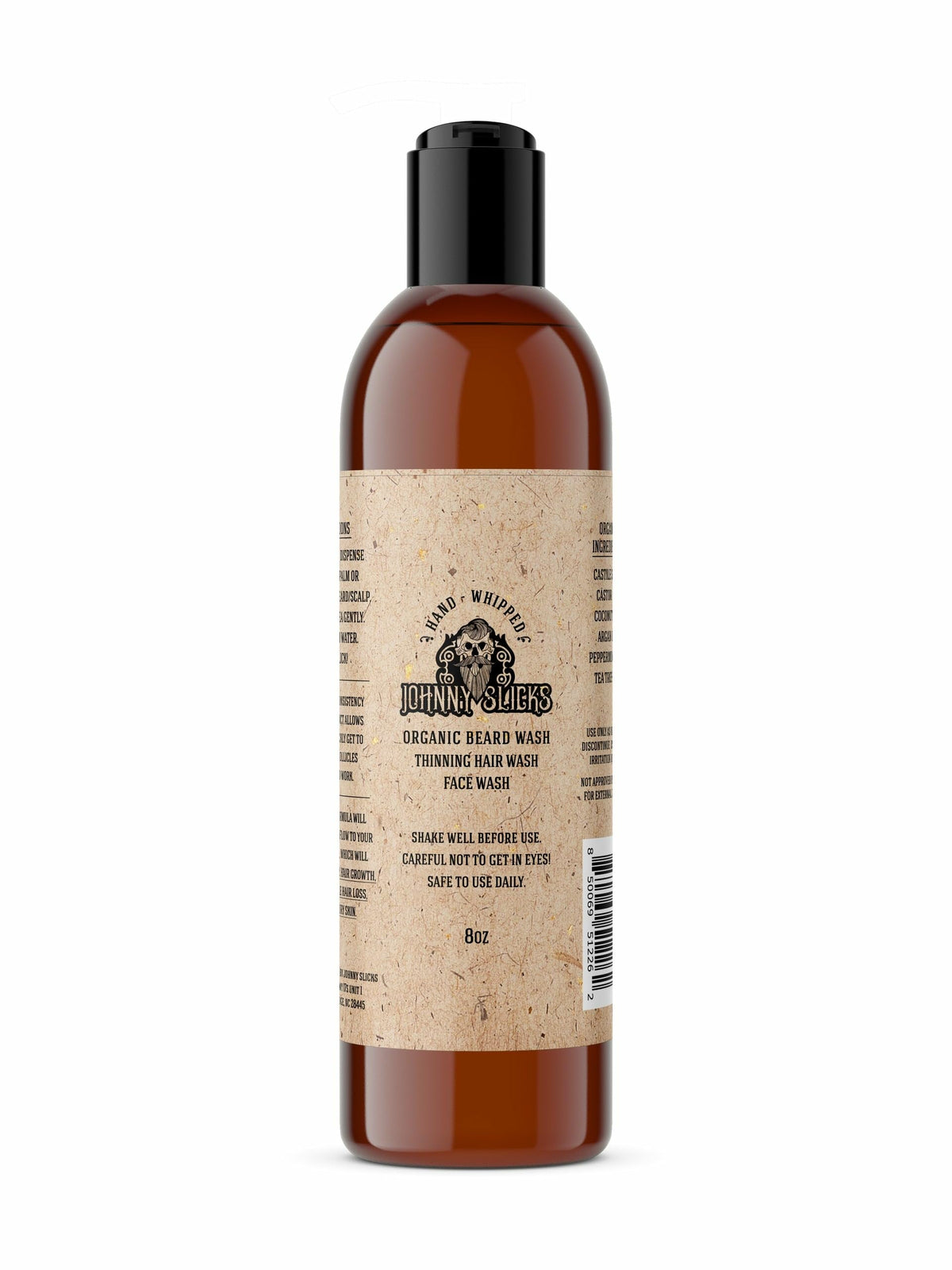 Johnny Slicks beard wash bottle shows organic formula for daily cleansing and refreshed beard.