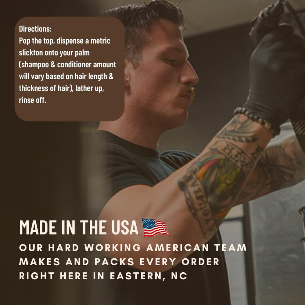 Johnny Slicks Shampoo USA-made badge signals veteran-owned quality ingredients