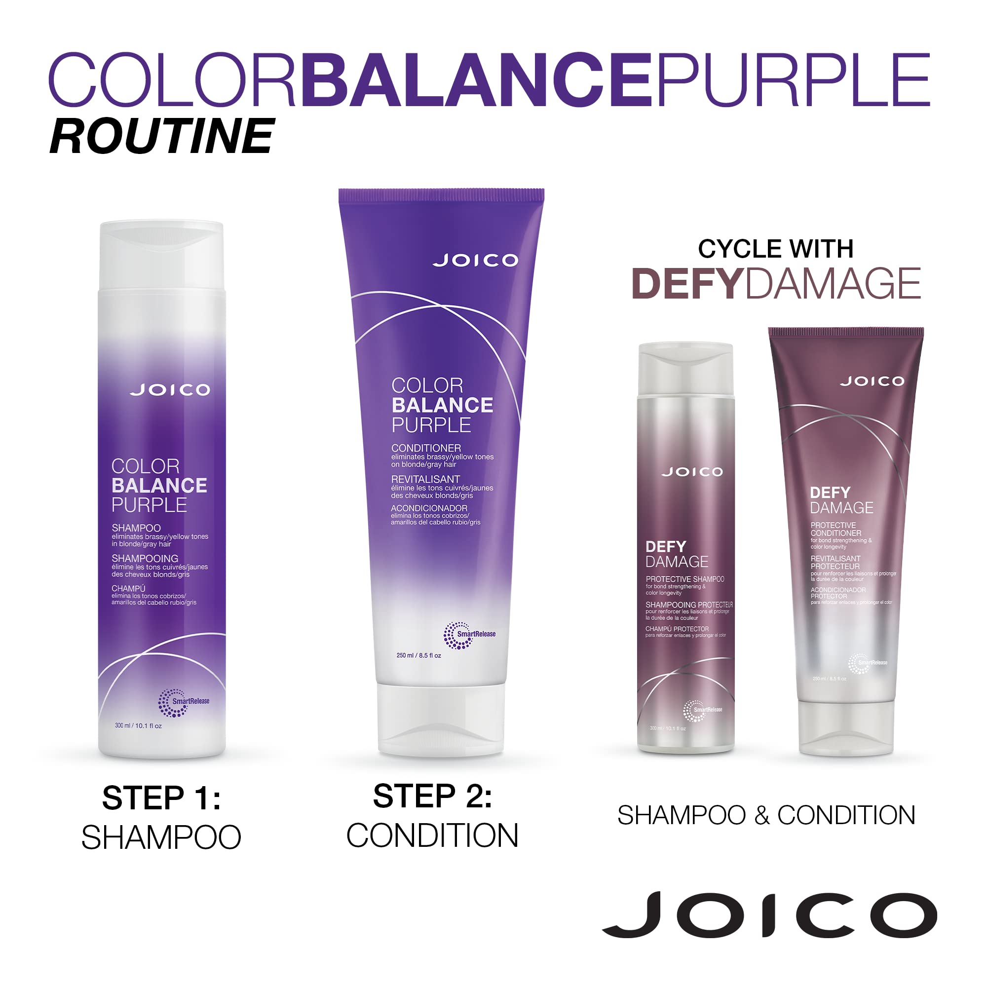 Joico Color Balance Purple packaging closeup highlights premium color-correcting care.