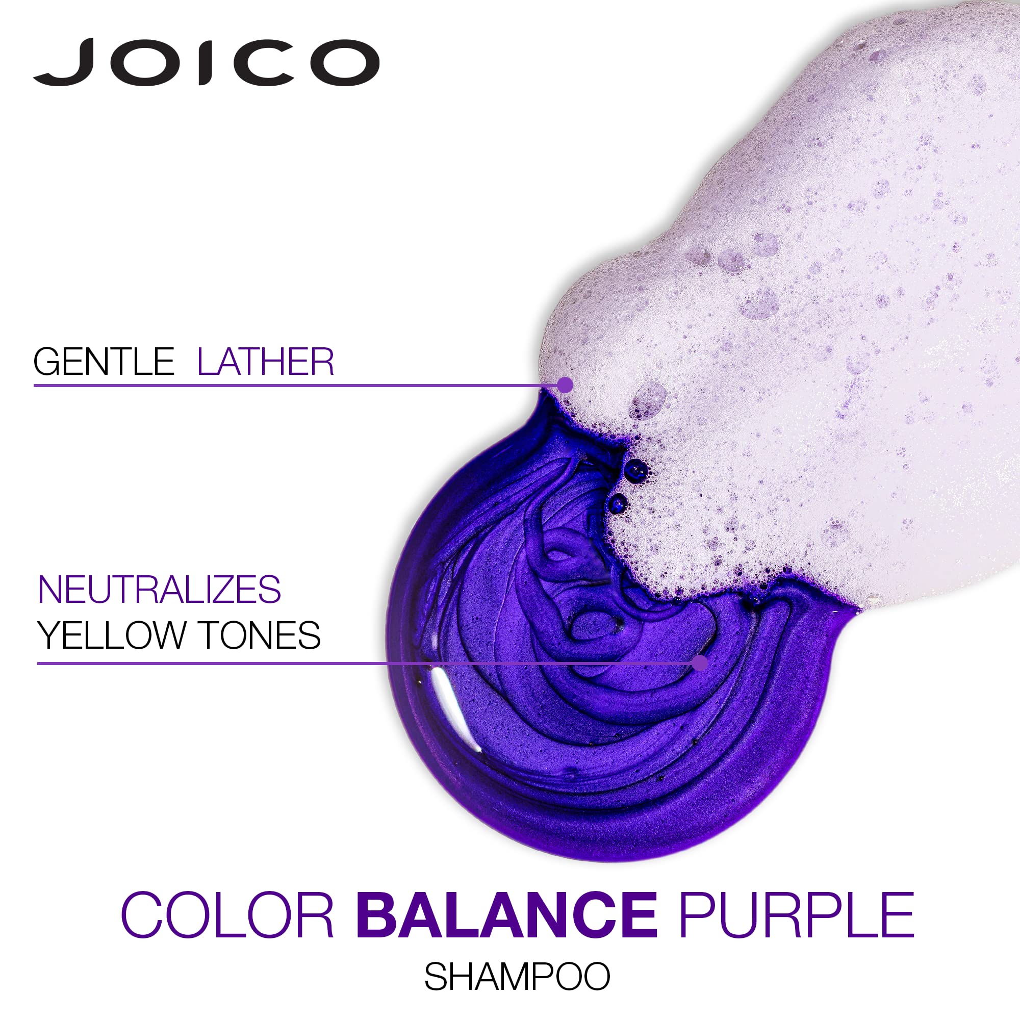 Joico Color Balance Purple Shampoo foam provides cleansing with brassy-control.