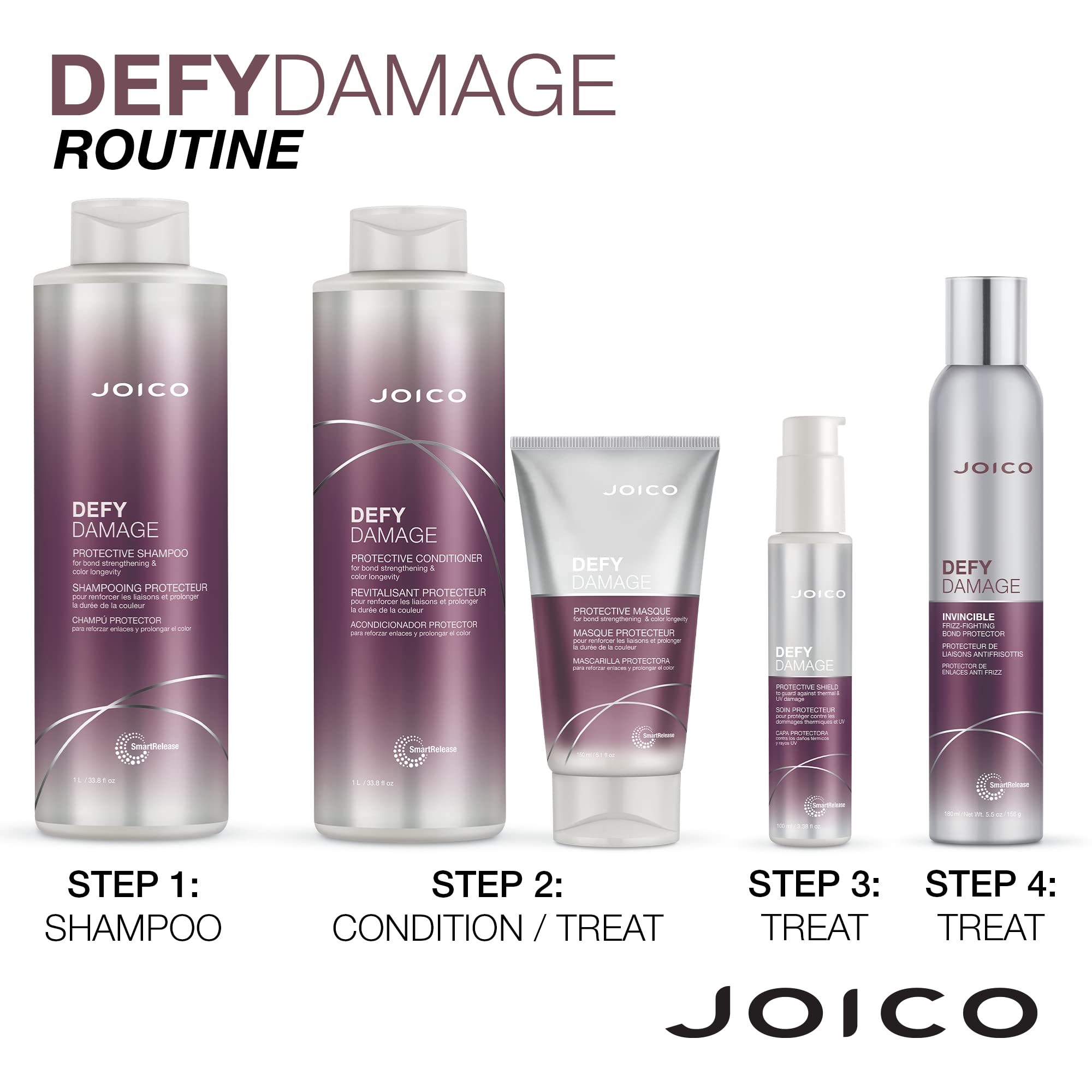 Joico Defy Damage conditioner finish closeup—smooth hair with fortified bonds.