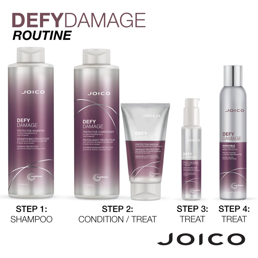 Joico Defy Damage conditioner finish closeup—smooth hair with fortified bonds.
