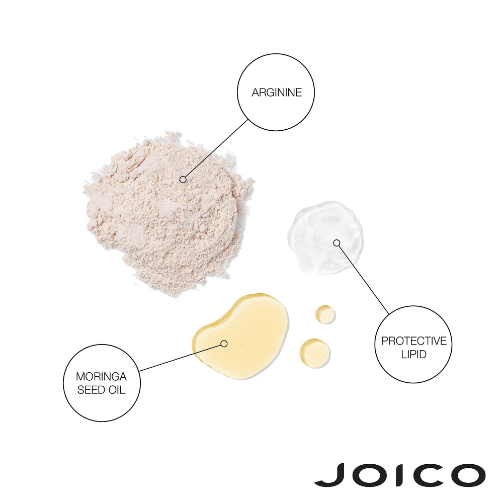 Joico Defy Damage conditioner pump closeup—silky slip for detangling.