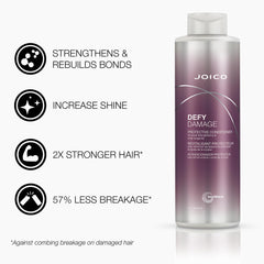 Joico Defy Damage shampoo pump closeup—rich lather for gentle cleansing.