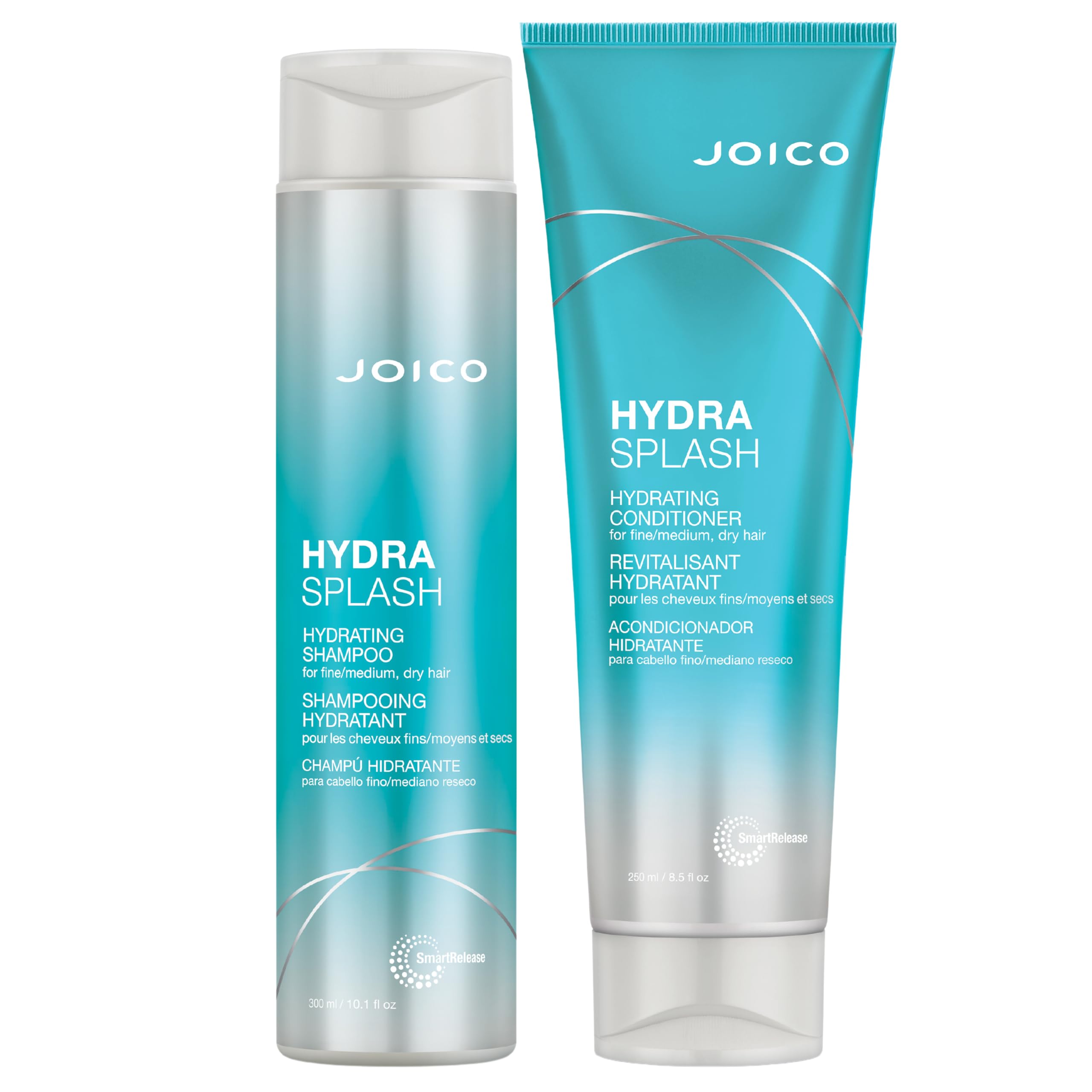 Joico HydraSplash shampoo bottle close-up highlighting hydrating formula for fine hair