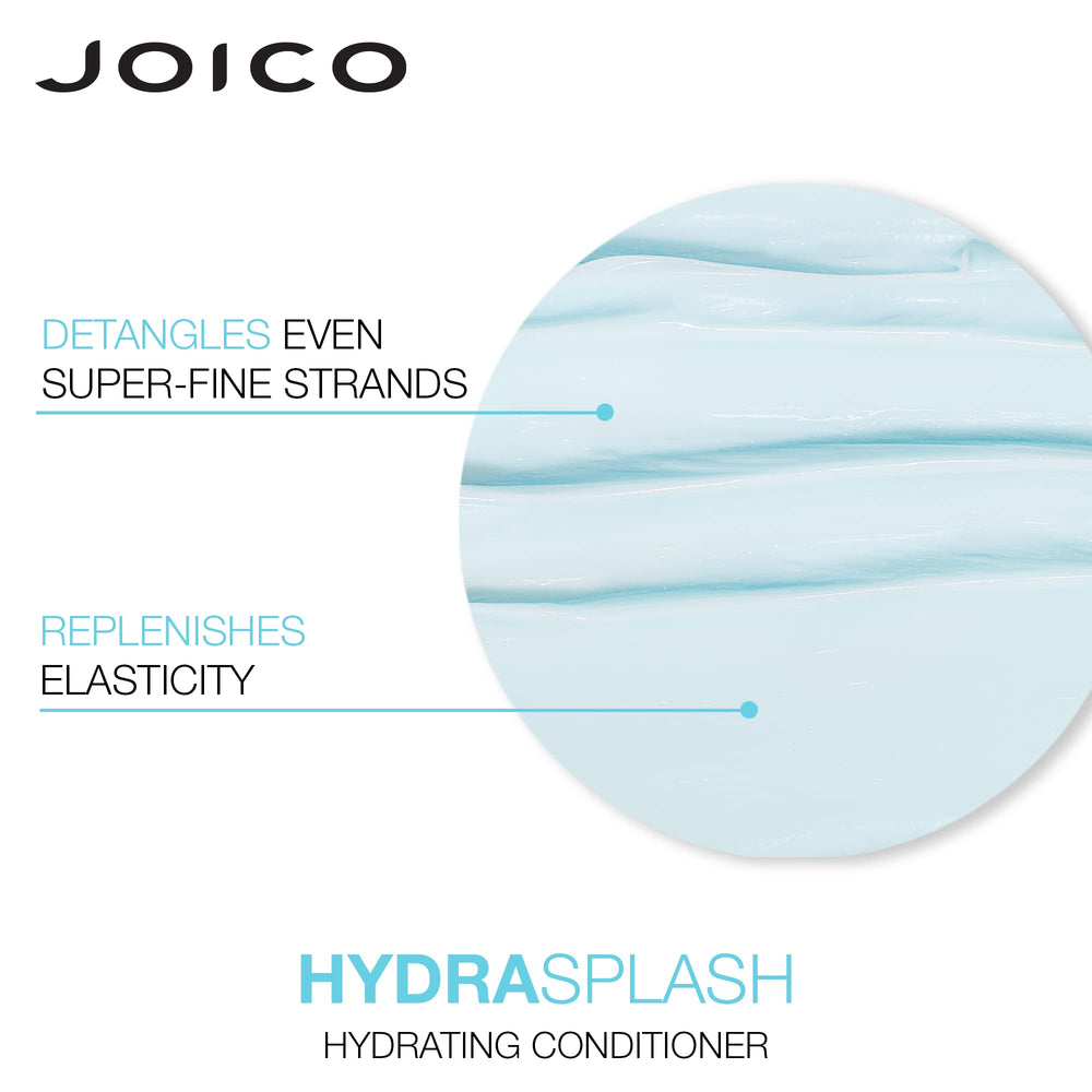 Joico HydraSplash shampoo label detail emphasizes clean, lightweight formula for fine hair