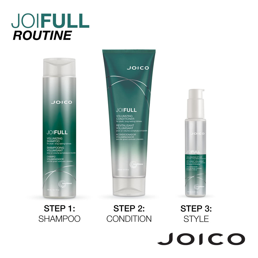 Bathroom scene with Joico JoiFULL set suggesting daily routine for fullness.