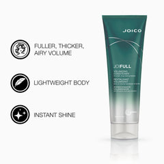 Joico JoiFULL volumizing conditioner bottle demonstrates detangling power for knot prone hair.