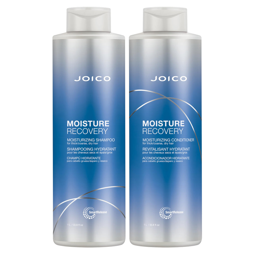 Joico Moisture Recovery shampoo bottle pours rich hydration for dry, thick hair.